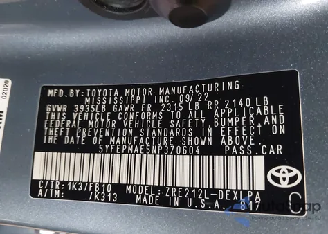 2022 Toyota Corolla Le from USA, damaged, VIN 5YFEPMAE5NP370604